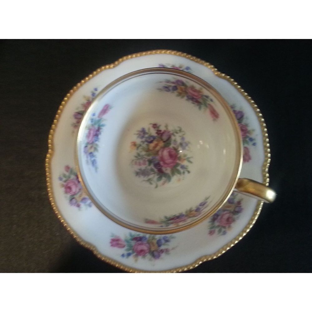 Castleton Rose Footed Tea Cup Saucer Gold Trim USA  Antique